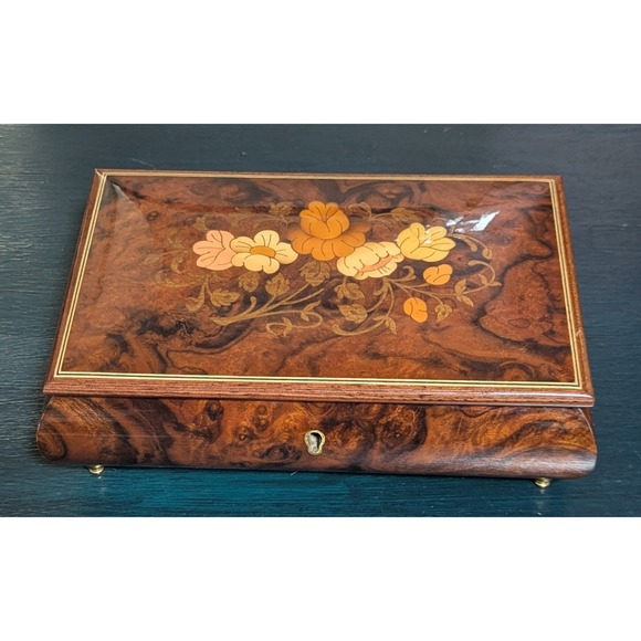 VTG Reuge Italian Floral Inlaid Elmwood Working Music Box Brass Feet - Picture 4 of 16